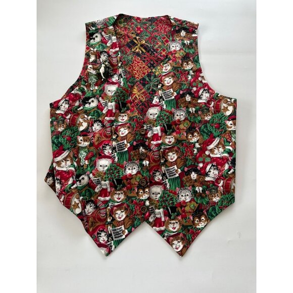VTG Handmade Caroling Cat Christmas Vest Reversible - Picture 1 of 7